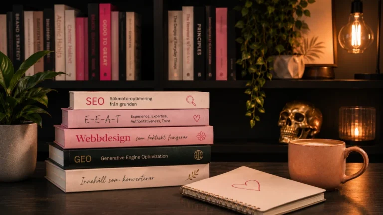 Bokhyllor fulla av böcker om SEO och webbdesign.