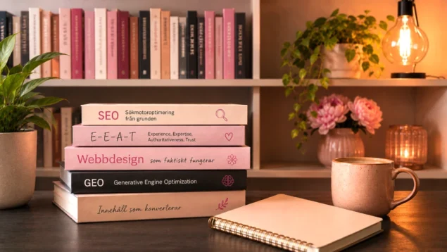 Bokhyllor fulla av böcker om SEO och webbdesign.